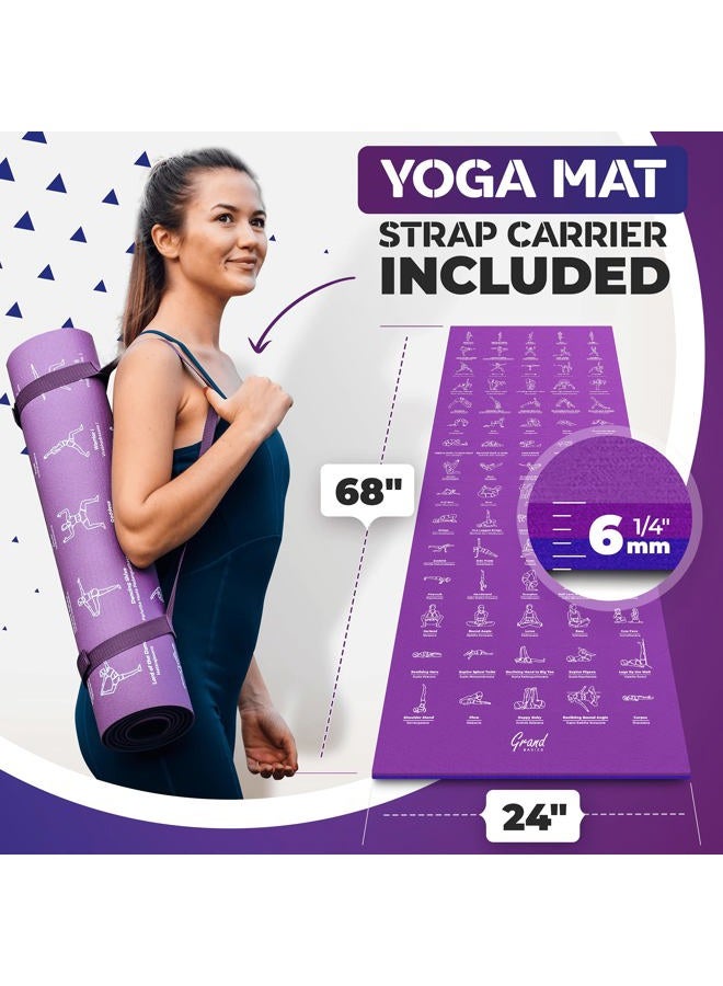GRAND BASICS Instructional Yoga Mat with Poses Printed On It & Carrying Strap - 75 Illustrated Yoga Poses & 75 Stretches - Cute Yoga Mat For Women and Men - Non-Slip, 1/4" Extra-Thick Yoga Mat For Beginners - Image 2