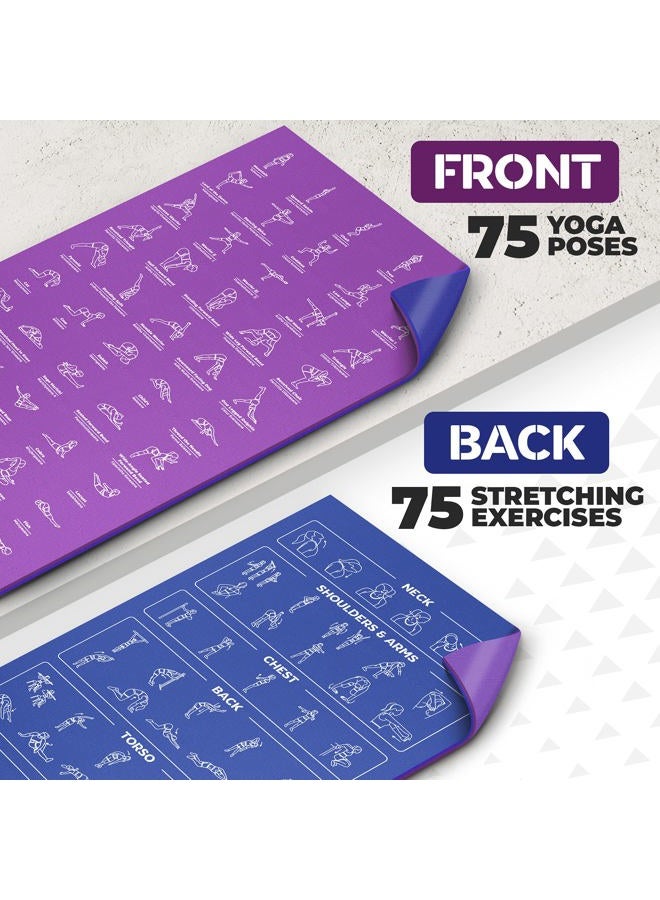 GRAND BASICS Instructional Yoga Mat with Poses Printed On It & Carrying Strap - 75 Illustrated Yoga Poses & 75 Stretches - Cute Yoga Mat For Women and Men - Non-Slip, 1/4" Extra-Thick Yoga Mat For Beginners - Image 3