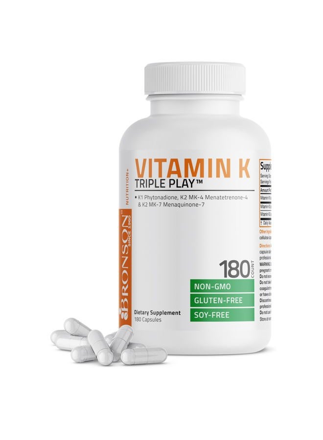 Bronson Vitamin K Triple Play (Vitamin K2 MK7 / Vitamin K2 MK4 / Vitamin K1) Full Spectrum Complex Vitamin K Supplement, 180 Capsules - Image 1