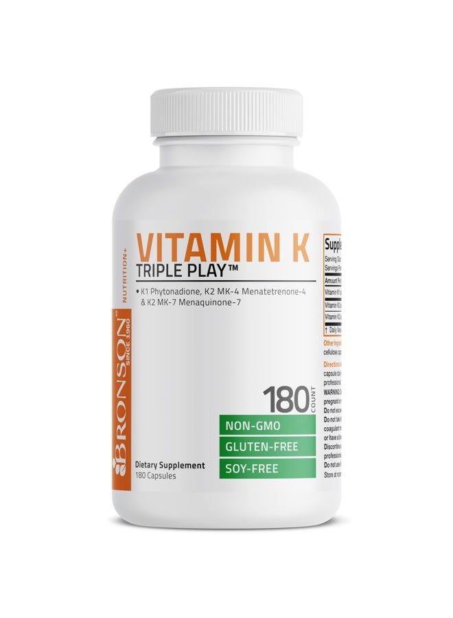 Bronson Vitamin K Triple Play (Vitamin K2 MK7 / Vitamin K2 MK4 / Vitamin K1) Full Spectrum Complex Vitamin K Supplement, 180 Capsules - Image 5