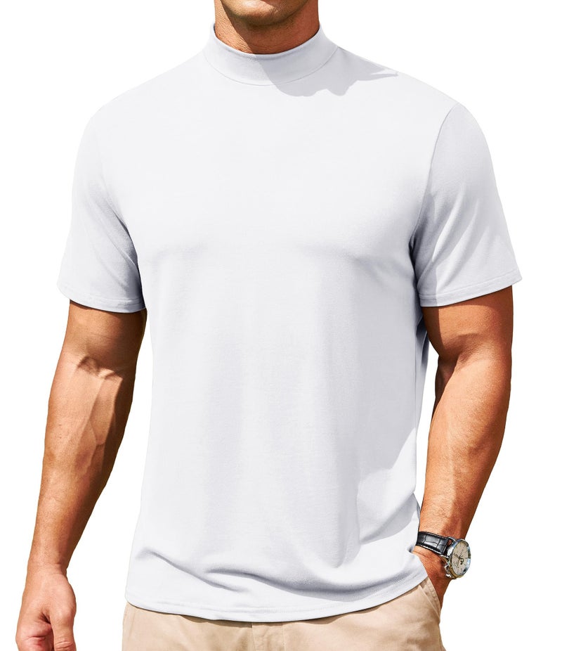 Lexiart Men's Mock Turtleneck Short Sleeve Soft Lightweight Casual Basic T-Shirts Solid Pullover Tops White - Image 1