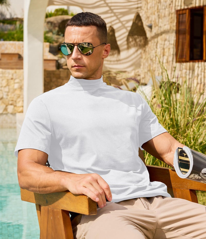 Lexiart Men's Mock Turtleneck Short Sleeve Soft Lightweight Casual Basic T-Shirts Solid Pullover Tops White - Image 5