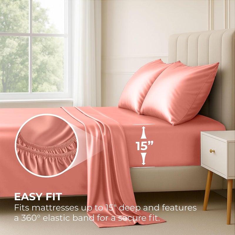 Pure Bedding Satin Sheets Queen [4-Piece, Blush Pink] Hotel Luxury Silky Bed Sheets - Extra Soft 1800 Microfiber Sheet Set, Wrinkle, Fade, Stain Resistant - Deep Pocket Fitted Sheet, Flat Sheet, Pillow Cases - Image 3
