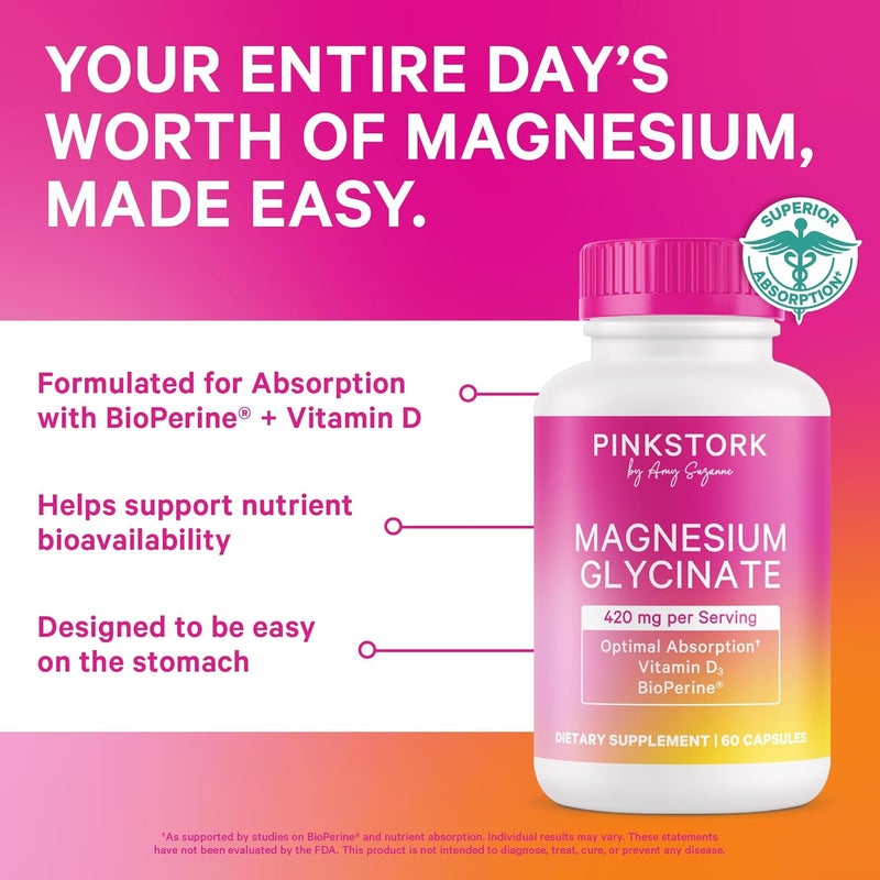 Pink Stork مكمل المغنيسيوم جليسينات من بينك ستورك مع فيتامين د  مكمل المغنيسيوم للنساء لدعم الهدوء الطبيعي والمزاج والنوم  توازن الهرمونات للنساء  60 كبسولة  إمداد لمدة شهر - Image 3