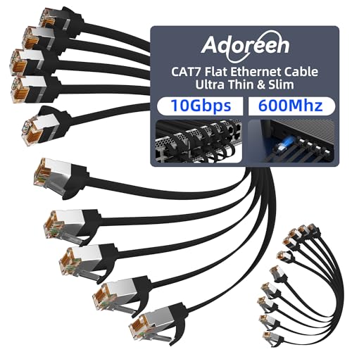 Adoreen Cat 7 Flat Ethernet Cable 0.6 Ft/10 Pack, High-Speed Shielded Internet Network Cable with Low Profile&Compact RJ45 Connector, Thin Slim Short Cat 6E 6A Patch Cord,S/FTP,POE,10Gbps 600MHZ,Black - Image 1