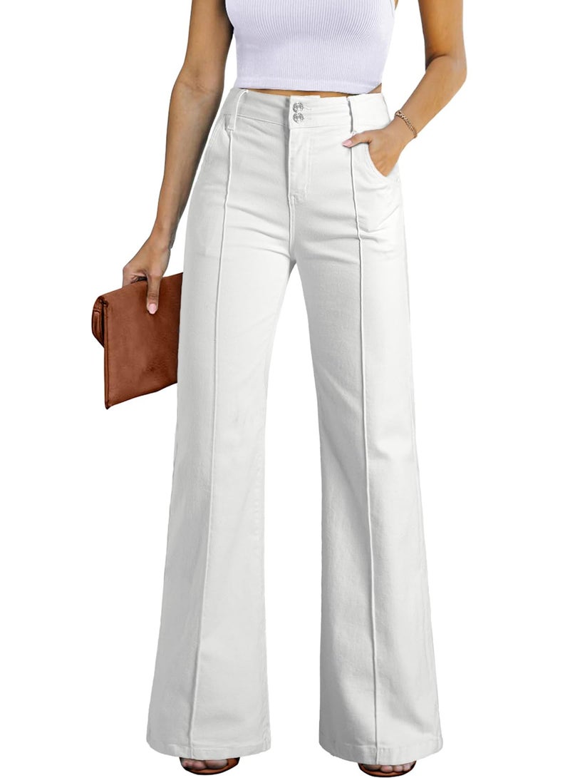 Sidefeel Womens Wide Leg Jeans Casual Baggy High Waisted Stretch Denim Pants Size 12 White - Image 1