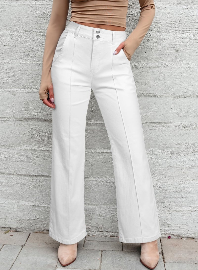 Sidefeel Womens Wide Leg Jeans Casual Baggy High Waisted Stretch Denim Pants Size 12 White - Image 3