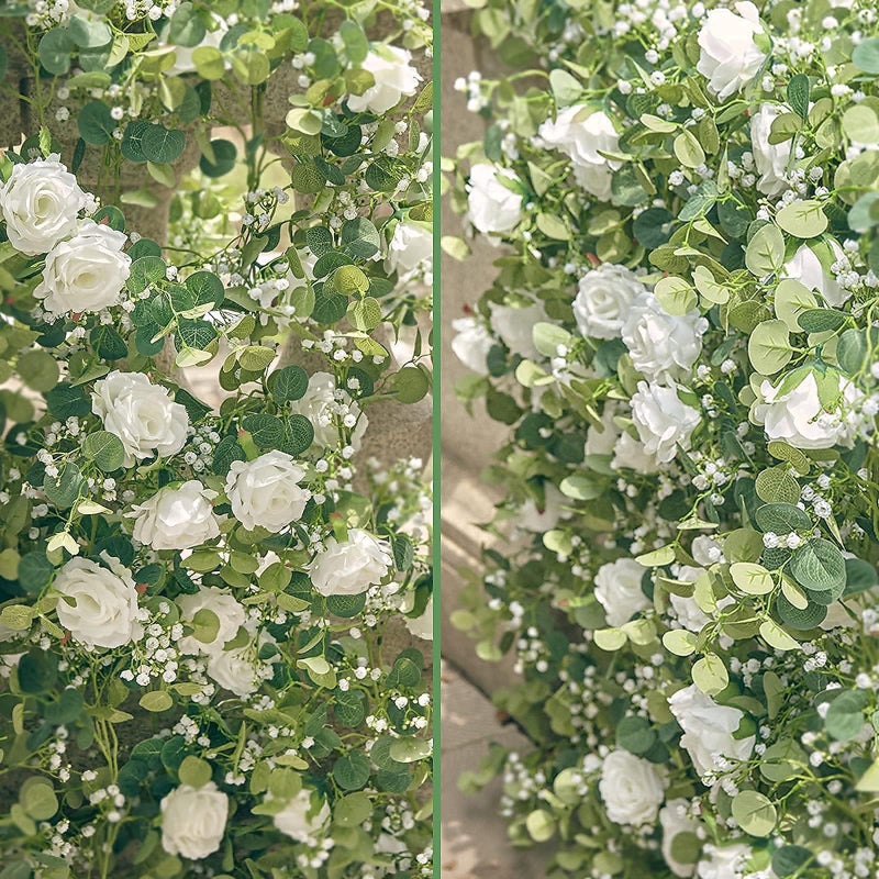 Anna's Whimsy 2PCS 5.91FT Artificial Eucalyptus Garland with Flowers, Fake Rose Gypsophila Garland, Faux Floral Greenery Garlands for Wedding Spring Home Party Table Runner Decorï¼ˆWhiteï¼‰ - Image 2