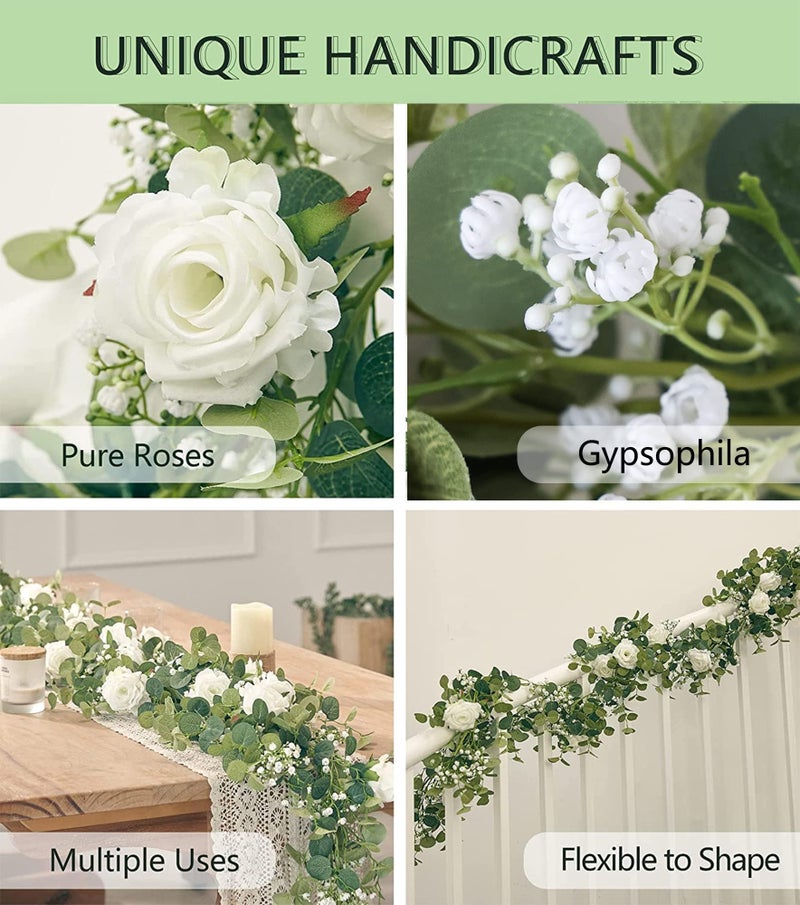 Anna's Whimsy 2PCS 5.91FT Artificial Eucalyptus Garland with Flowers, Fake Rose Gypsophila Garland, Faux Floral Greenery Garlands for Wedding Spring Home Party Table Runner Decorï¼ˆWhiteï¼‰ - Image 4