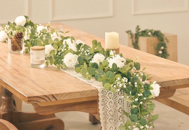 Anna's Whimsy 2PCS 5.91FT Artificial Eucalyptus Garland with Flowers, Fake Rose Gypsophila Garland, Faux Floral Greenery Garlands for Wedding Spring Home Party Table Runner Decorï¼ˆWhiteï¼‰ - Image 5
