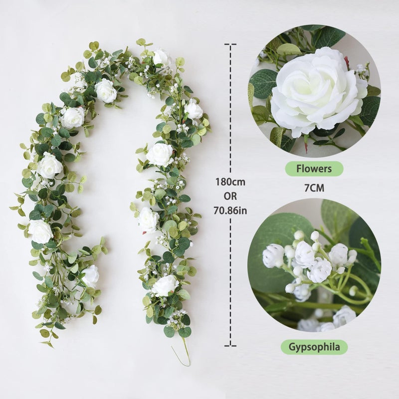 Anna's Whimsy 2PCS 5.91FT Artificial Eucalyptus Garland with Flowers, Fake Rose Gypsophila Garland, Faux Floral Greenery Garlands for Wedding Spring Home Party Table Runner Decorï¼ˆWhiteï¼‰ - Image 3