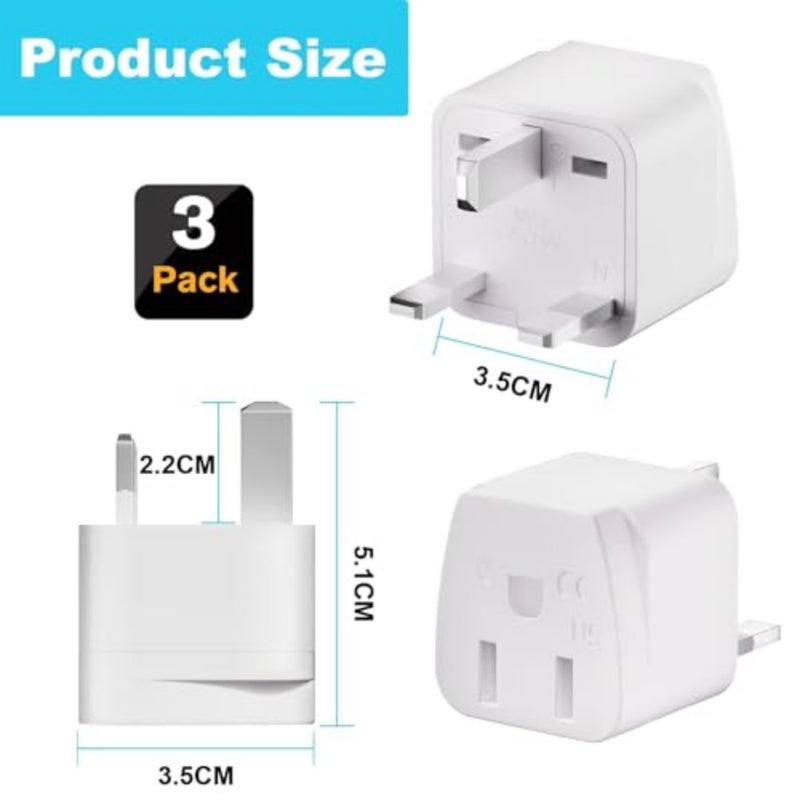 3Pcs US to UK Travel Plug Adapter, 3 Pin Grounded Type G Power Adapter for US Appliances, Mini Universal Travel Charger for UK Electronics, White - Image 3