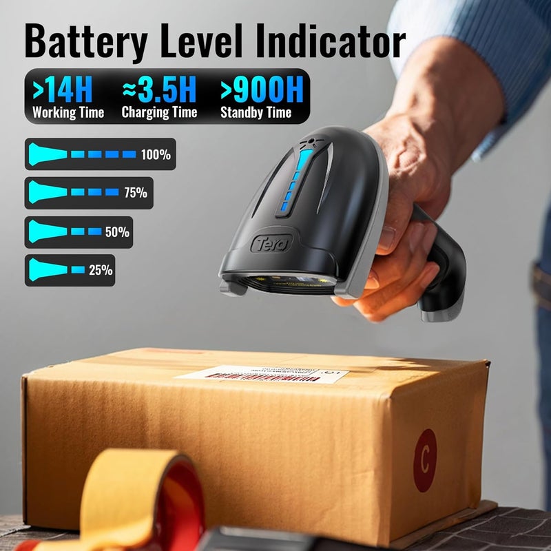 Tera Barcode Scanner Wireless Versatile 2-in-1 (2.4Ghz Wireless+USB 2.0 Wired) with Battery Level Indicator, 328 Feet Transmission Distance Rechargeable 1D Laser Bar Code Reader USB Handheld (Grey) - Image 2