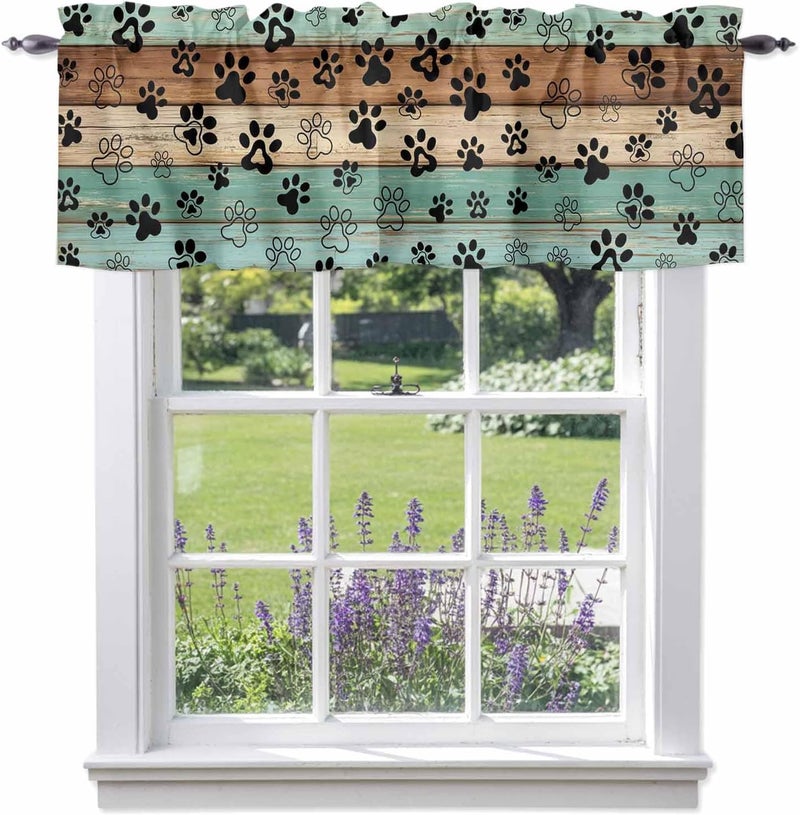 Teal Blue Brown Valances for Windows, Short Curtains for Kitchen/Bathroom, Rustic Farmhouse Dog Paw Vintage Rod Pocket Window Treatment for Living Room/Doorway/Bedroom/Cafe Decor Panel 42"x12" - Image 1