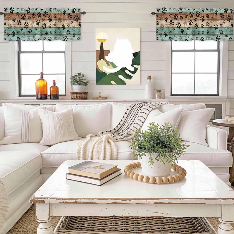 Teal Blue Brown Valances for Windows, Short Curtains for Kitchen/Bathroom, Rustic Farmhouse Dog Paw Vintage Rod Pocket Window Treatment for Living Room/Doorway/Bedroom/Cafe Decor Panel 42"x12" - Image 4