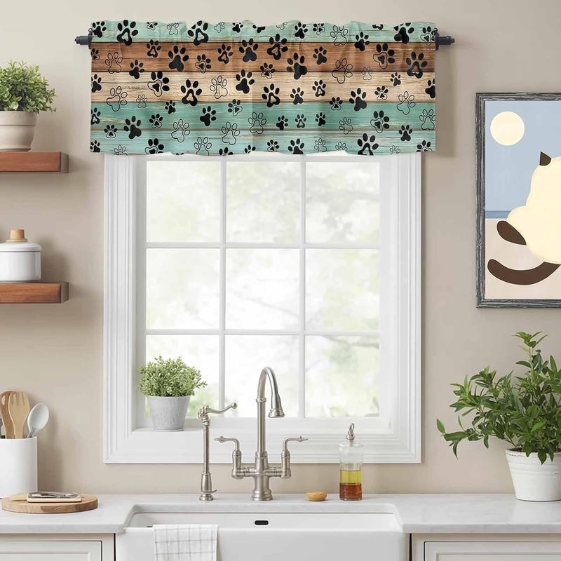 Teal Blue Brown Valances for Windows, Short Curtains for Kitchen/Bathroom, Rustic Farmhouse Dog Paw Vintage Rod Pocket Window Treatment for Living Room/Doorway/Bedroom/Cafe Decor Panel 42"x12" - Image 2
