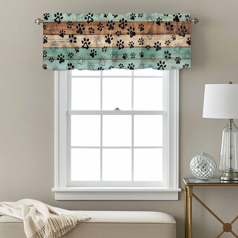Teal Blue Brown Valances for Windows, Short Curtains for Kitchen/Bathroom, Rustic Farmhouse Dog Paw Vintage Rod Pocket Window Treatment for Living Room/Doorway/Bedroom/Cafe Decor Panel 42"x12" - Image 3