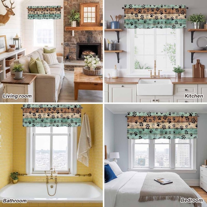 Teal Blue Brown Valances for Windows, Short Curtains for Kitchen/Bathroom, Rustic Farmhouse Dog Paw Vintage Rod Pocket Window Treatment for Living Room/Doorway/Bedroom/Cafe Decor Panel 42"x12" - Image 5
