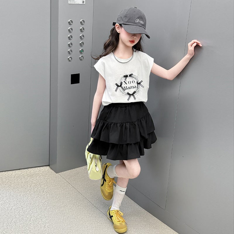 Girls Short-Sleeved T-Shirt 2025 Summer Kidsren'S New Kidsren'S Clothing Tops Printed Girls Suit Cake Skirt Big Kidsren'S T - Image 4