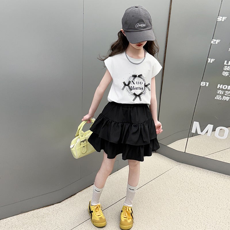 Girls Short-Sleeved T-Shirt 2025 Summer Kidsren'S New Kidsren'S Clothing Tops Printed Girls Suit Cake Skirt Big Kidsren'S T - Image 5