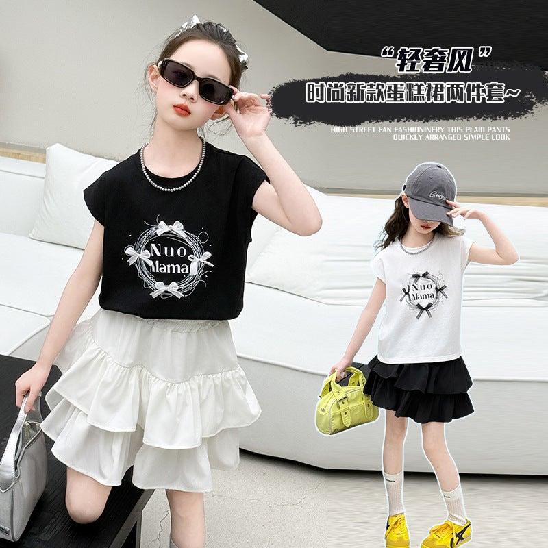 Girls Short-Sleeved T-Shirt 2025 Summer Kidsren'S New Kidsren'S Clothing Tops Printed Girls Suit Cake Skirt Big Kidsren'S T - Image 2