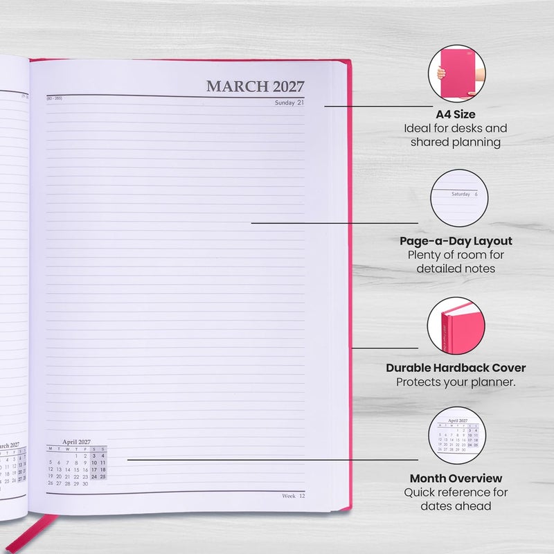 evelay 2025 A4 A5 Day to Page Diary Full Year Planner Desk Hardback Academic Organiser for Home Office School (A4 Page a Day, Cerise) - Image 4