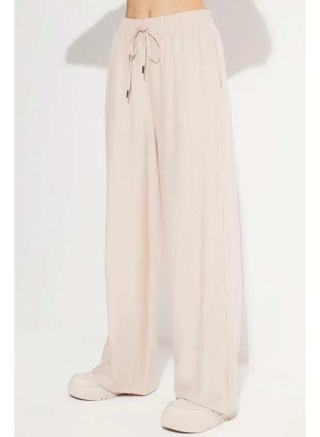 JUNE June Women Exclusive Elastic Waist Wide Leg Viscose Trouser Beige