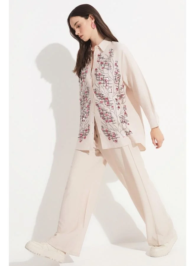 JUNE June Women Exclusive Elastic Waist Wide Leg Viscose Trouser Beige