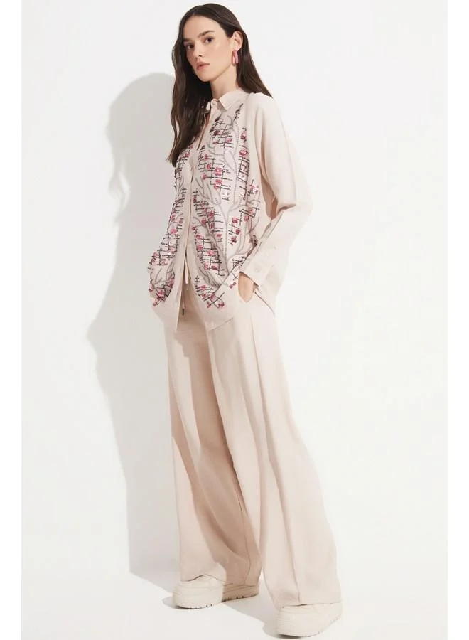 JUNE June Women Exclusive Elastic Waist Wide Leg Viscose Trouser Beige