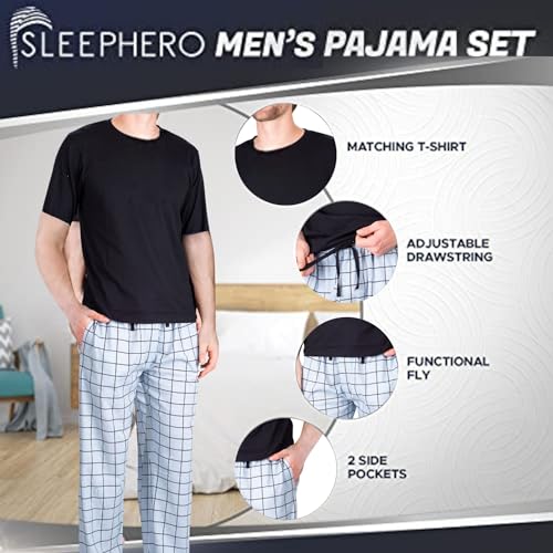 SLEEPHERO Men’s Pajama Set Pajamas For Men 2 Piece PJ Set with Cotton Knit Men Pajama Pants and Short Sleeve Crew Neck T-Shirt Window Pane Small - Image 5