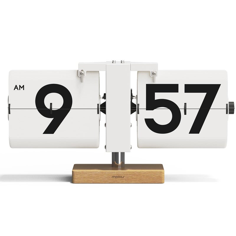 mooas Classic Modern Wood Big Flip Desk Clock White Retro Vintage Analog Design Auto Flip Clock Table Clock Large Number Battery Powered Ideal for Home Office School Hotel Caf