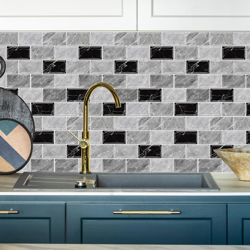 URCOLOR 10-Sheet Peel and Stick Backsplash Tile Sticker for Kitchen,12"x12" Self Adhesive Subway Wall Tiles Stick on Back Splashes for Bathroom Gray Black Marble Design - Image 2