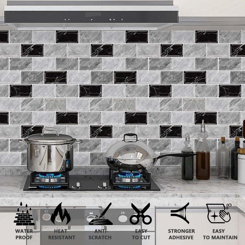 URCOLOR 10-Sheet Peel and Stick Backsplash Tile Sticker for Kitchen,12"x12" Self Adhesive Subway Wall Tiles Stick on Back Splashes for Bathroom Gray Black Marble Design - Image 3