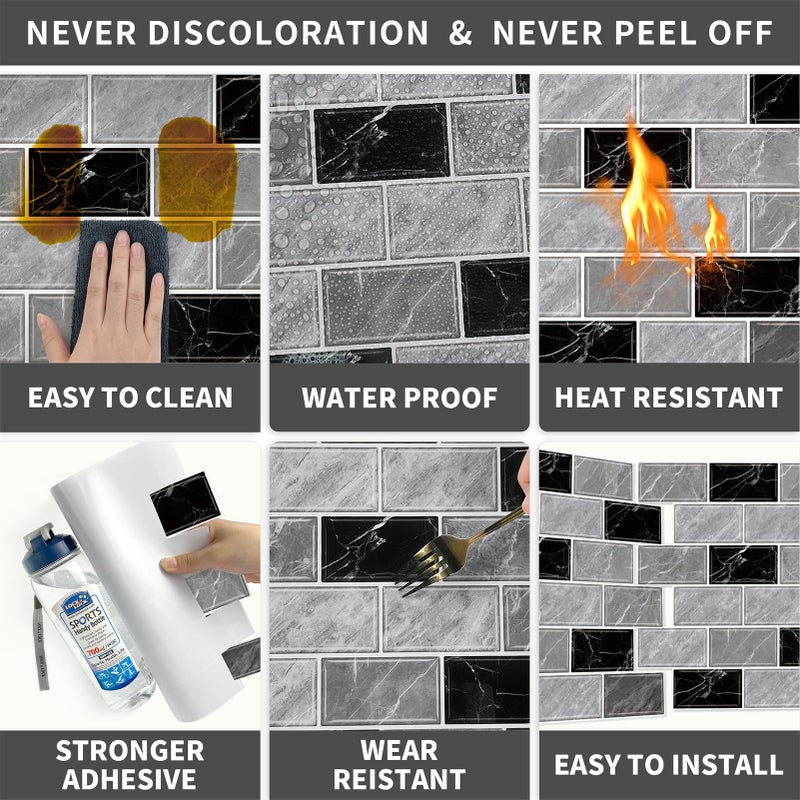 URCOLOR 10-Sheet Peel and Stick Backsplash Tile Sticker for Kitchen,12"x12" Self Adhesive Subway Wall Tiles Stick on Back Splashes for Bathroom Gray Black Marble Design - Image 4