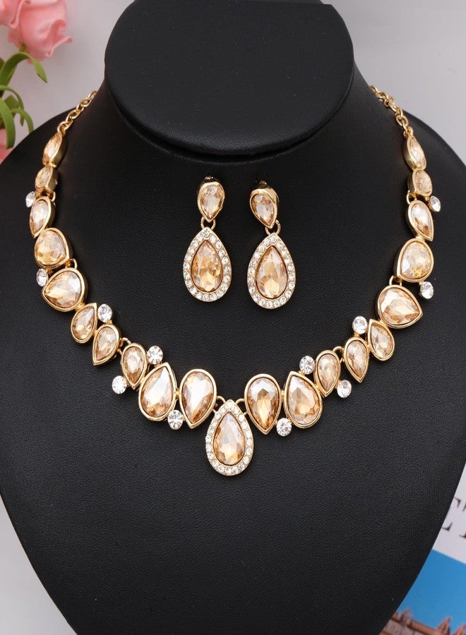 CSY Elegant Bridal Necklace Earrings Bracelet Ring Set for Bride Bridesmaid Tear Drop Crystal Wedding Prom Costume Jewelry Sets for Women (champagne gold) - Image 4