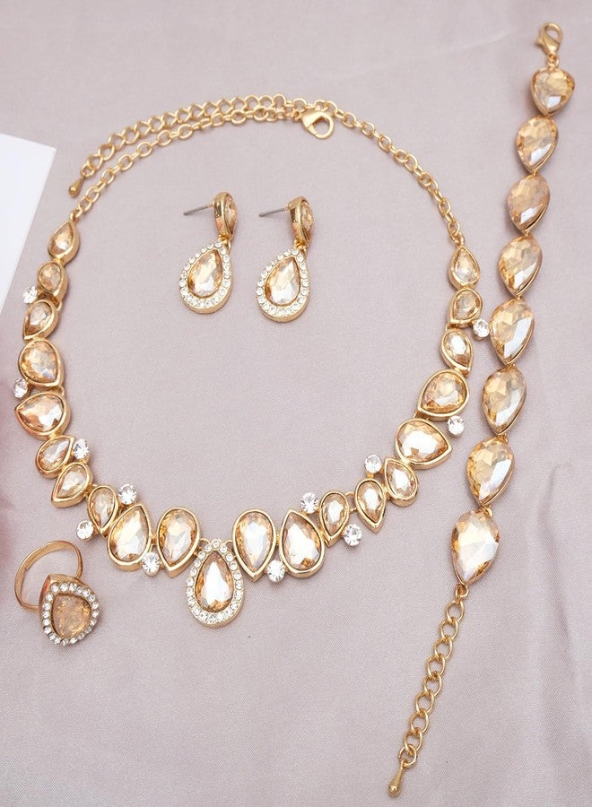 CSY Elegant Bridal Necklace Earrings Bracelet Ring Set for Bride Bridesmaid Tear Drop Crystal Wedding Prom Costume Jewelry Sets for Women (champagne gold) - Image 3