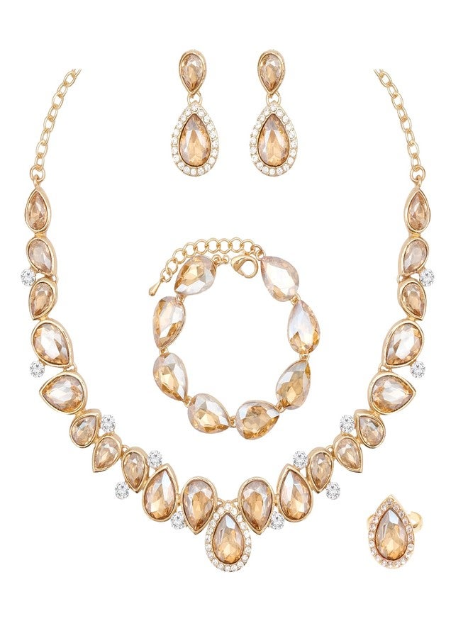 CSY Elegant Bridal Necklace Earrings Bracelet Ring Set for Bride Bridesmaid Tear Drop Crystal Wedding Prom Costume Jewelry Sets for Women (champagne gold) - Image 1