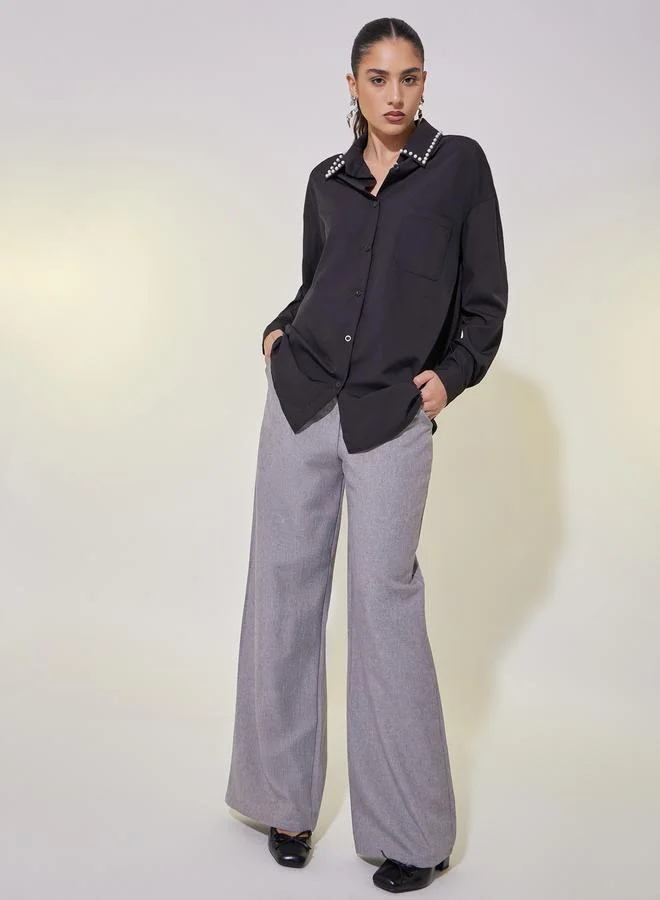 تايك تو Faux Pearl Detail Long Sleeve Oversized Shirt