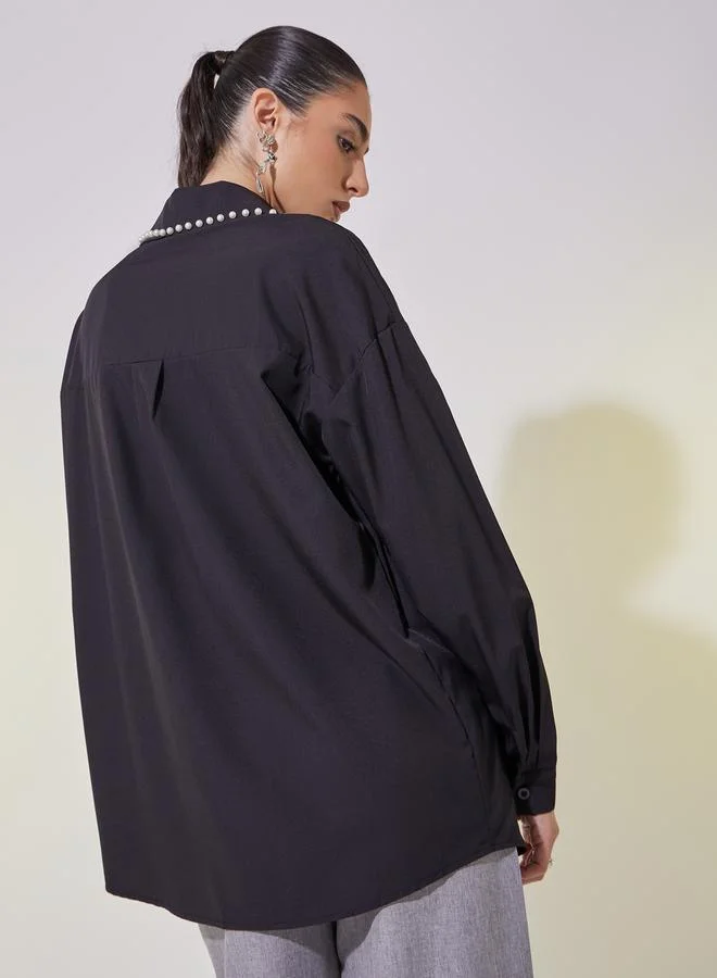 تايك تو Faux Pearl Detail Long Sleeve Oversized Shirt