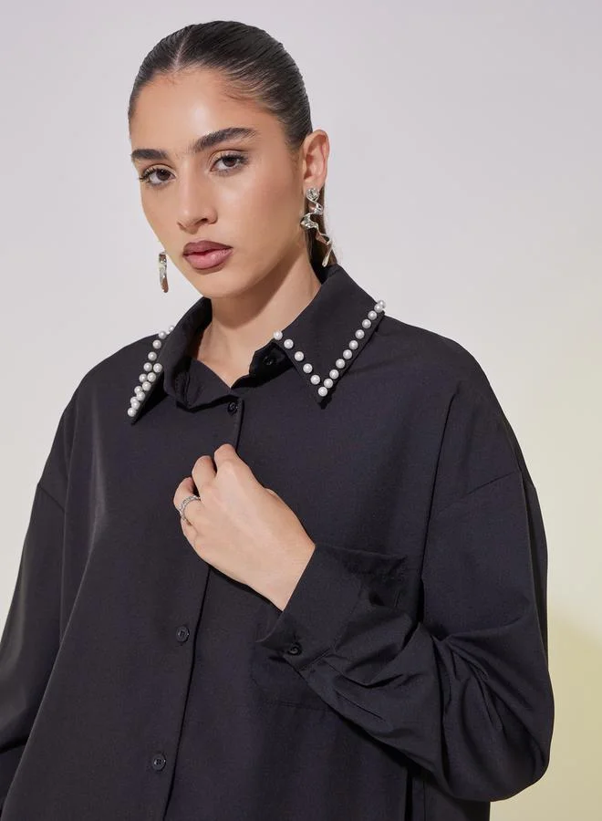 تايك تو Faux Pearl Detail Long Sleeve Oversized Shirt
