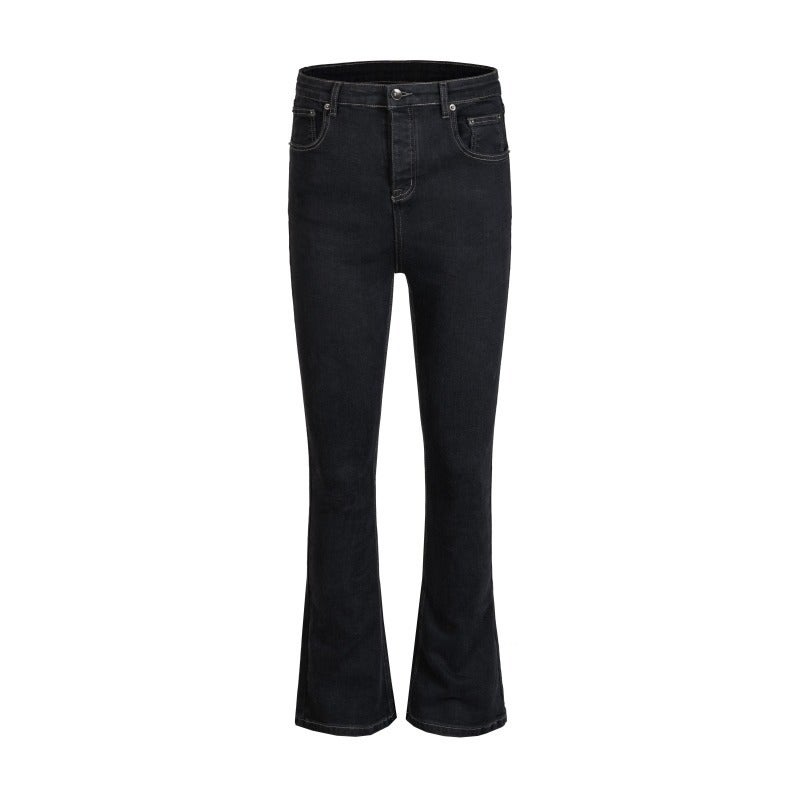 American-style high street vibe style long ribbon black micro horn trendy brand jeans slim fit slim mop long pants men Black