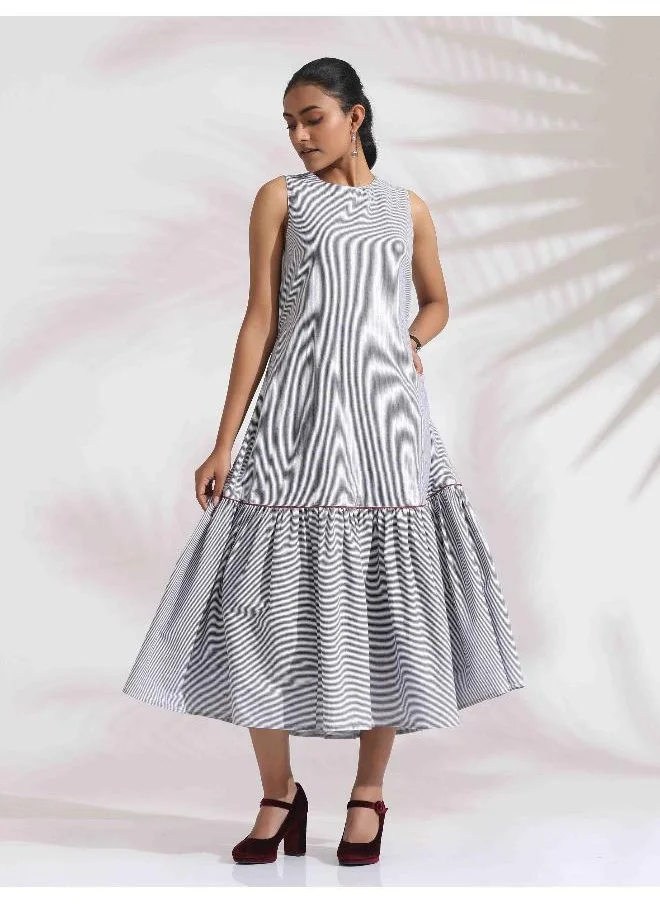 ترو برونز trueBrown Grey Cotton Stripe Tier Dress