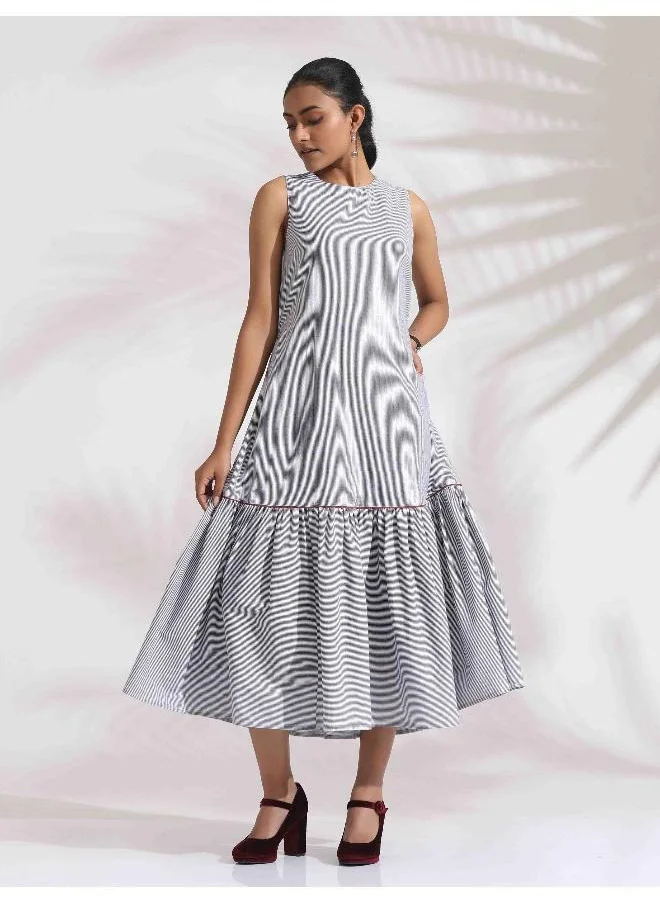 trueBrowns trueBrown Grey Cotton Stripe Tier Dress