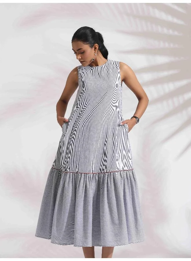 ترو برونز trueBrown Grey Cotton Stripe Tier Dress