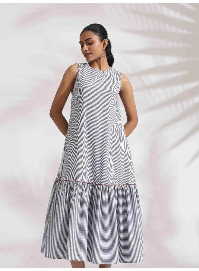 ترو برونز trueBrown Grey Cotton Stripe Tier Dress