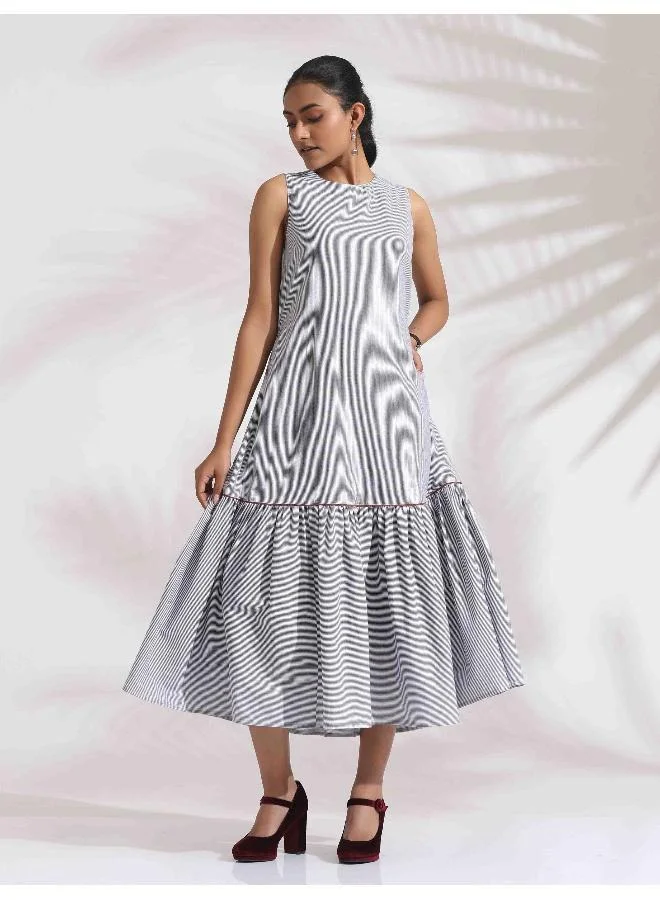 ترو برونز trueBrown Grey Cotton Stripe Tier Dress