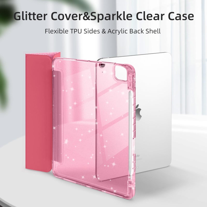 HOICHOE Case for iPad Air 13 Inch (M3 / M2, 2025/2024) & iPad Pro 12.9 6/5th Gen (2022/2021), Glittering Sparkly Cover with Shiny Clear Back Shell, Trifold Stand Case with Pencil Holder, Pink - Image 3