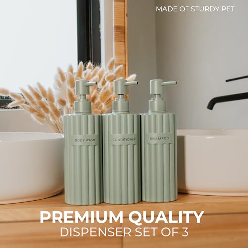 KIBAGA مجموعة موزع الشامبو والبلسم الأنيقة من 3 قطع - زجاجات صابون دش حديثة سعة 19 أونصة مع مضخة وملصقات - موزعات غسول الجسم سهلة التعبئة لترقية فورية لديكور الحمام - Image 4