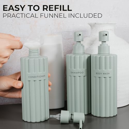 KIBAGA مجموعة موزع الشامبو والبلسم الأنيقة من 3 قطع - زجاجات صابون دش حديثة سعة 19 أونصة مع مضخة وملصقات - موزعات غسول الجسم سهلة التعبئة لترقية فورية لديكور الحمام - Image 5