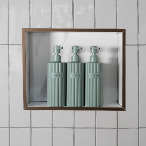 KIBAGA مجموعة موزع الشامبو والبلسم الأنيقة من 3 قطع - زجاجات صابون دش حديثة سعة 19 أونصة مع مضخة وملصقات - موزعات غسول الجسم سهلة التعبئة لترقية فورية لديكور الحمام - Image 2